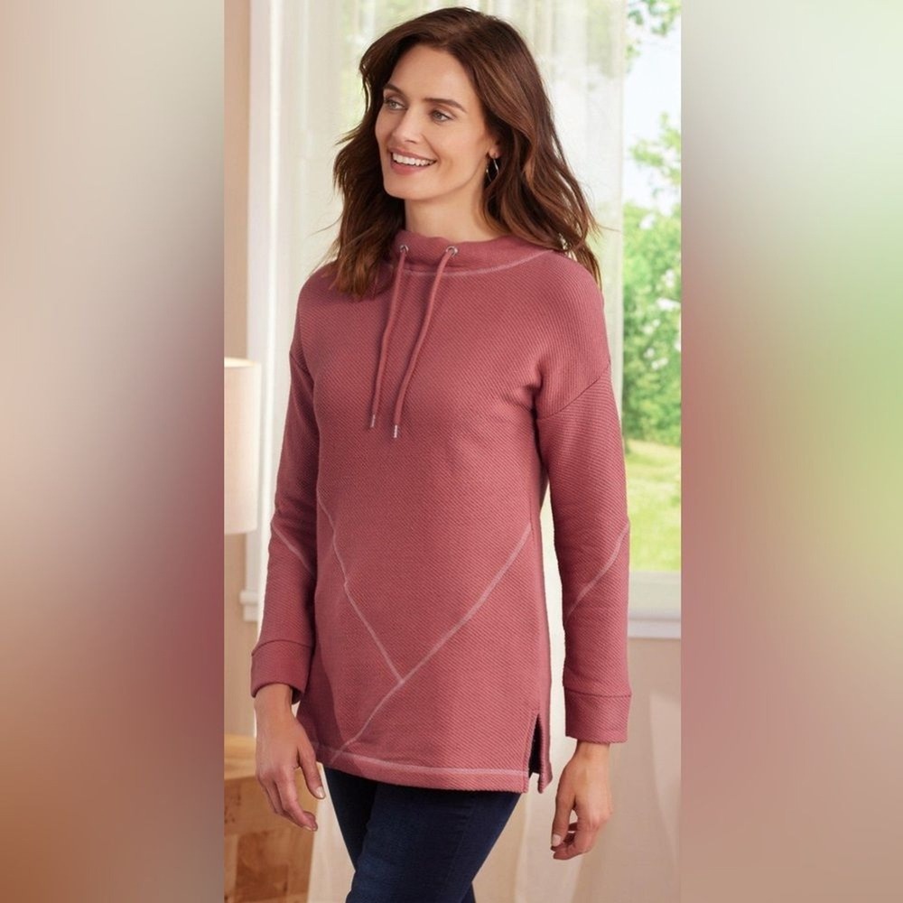 Soft Surroundings XL Textured Cowl Neck Drawstring‎ Pullover Sweater Flaw